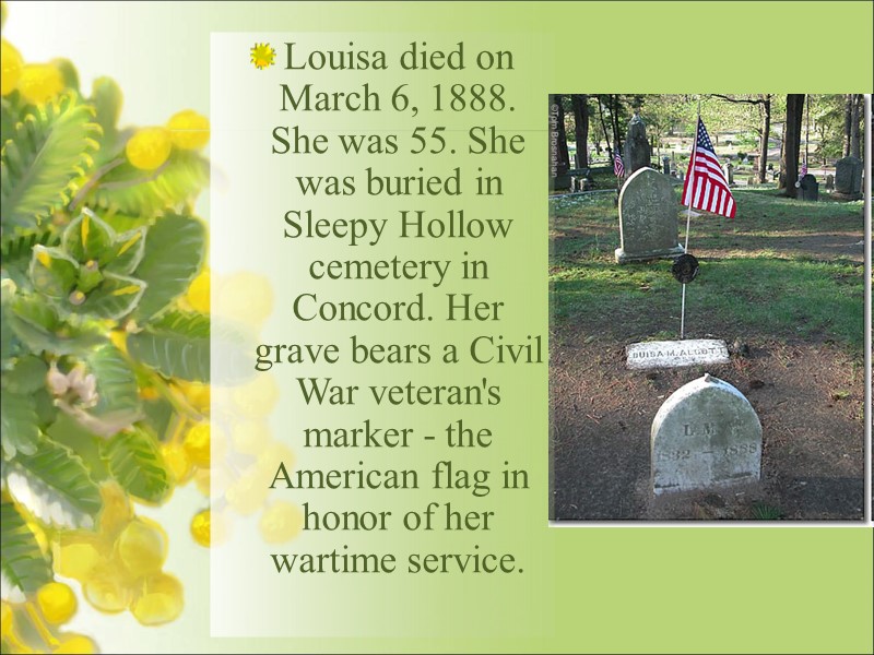 Louisa died on March 6, 1888. She was 55. She was buried in Sleepy